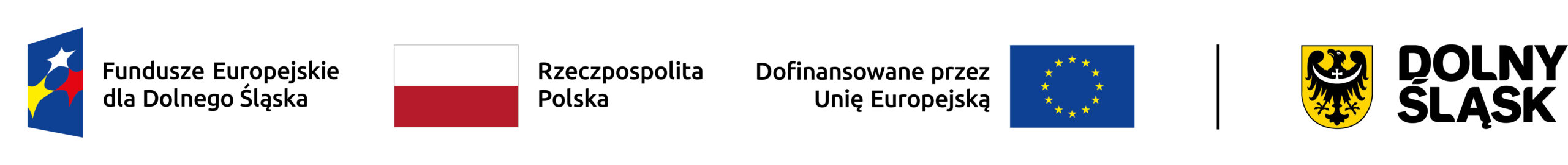 pasek logotypów - logo Funduszy Europejskich dla Nowoczesnej Gospodarki (niebieski trapez i kolorowe gwiazdy), logo Rzeczypospolitej Polskiej z flagą Polski, logo Dofinansowane przez Unię Europejską z flagą Unii Europejskiej, logo Dolny Śląsk z herbem województwa dolnośląskiego, czarny orzeł na złotym tle